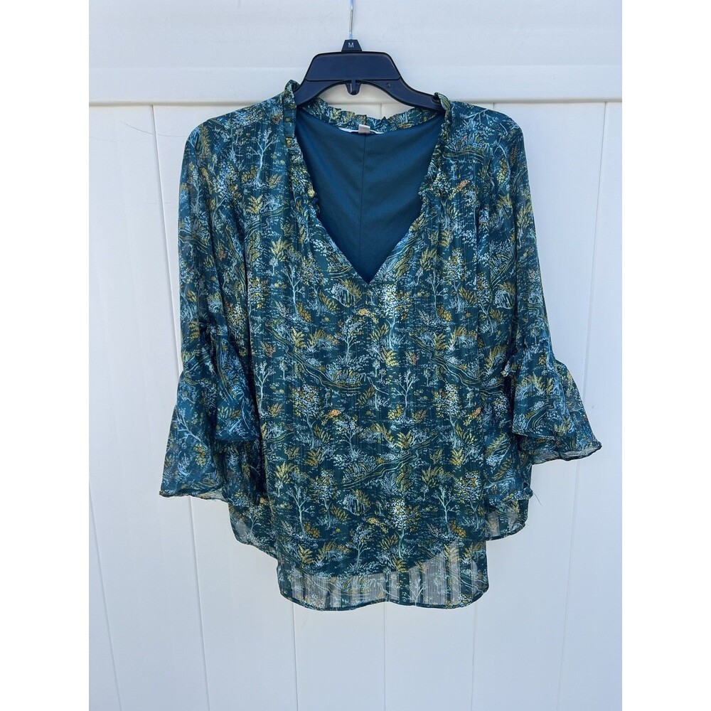 LC Lauren Conrad Bell Sleeve V-Neck Ruffle Blouse Lined Boho Sz Large